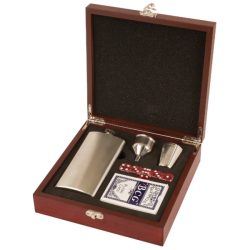 ROSEWOOD FINISH FLASK SET WITH CARDS & DICE
