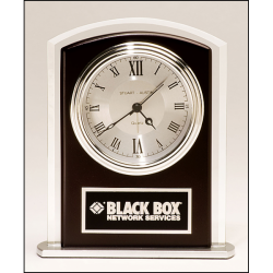 Beveled glass clock with wood accent, silver bezel and dial, three hand movement