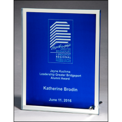 Glass plaque with blue silk screened center and mirror border