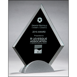 Diamond-shaped glass award with black silk screen on silver metal base