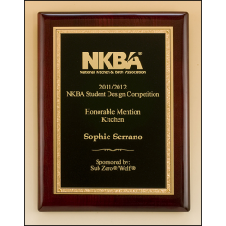 Rosewood piano-finish plaque featuring a gold florentine border with textured black center engraving plate
