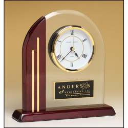 Arch clock with glass upright and rosewood piano-finish post and base
