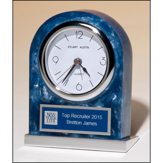 Acrylic clock with polished silver aluminum base. Silver bezel, white dial, three-hand movement