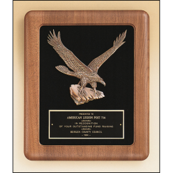 American walnut Airflyte frame with a sculptured relief eagle casting on a black velour background.