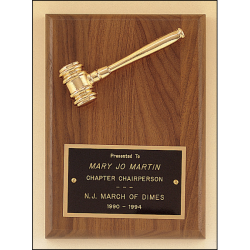 American walnut plaque with a goldtone metal gavel.